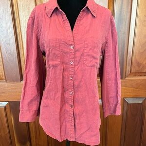 Eileen Fisher Womens Irish Linen Button-Up Shirt Coral Roll-Tab Sleeves Sz M
